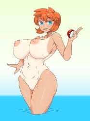 aqua_eyes armpits arms_up breasts completely_nude completely_nude_female cowboy_shot curvaceous female female_only gaixas1 game_freak high_resolution hips holding holding_object holding_poke_ball huge_breasts kasumi_(pokemon) large_breasts legs misty_(pokemon_hgss) muscle navel nintendo nude open_mouth orange_hair poke_ball pokemon pokemon_(game) pokemon_gsc pokemon_hgss simple_background smile standing thick_thighs thighs vagina very_high_resolution water wide_hips