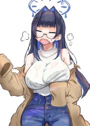 1girls breast_lift breasts closed_eyes denim glasses halo highres hololive hololive_english hololive_english_-council- hololive_english_-promise- large_breasts lifted_by_self mechanical_halo official_alternate_costume ontama_(artbox186) open_mouth ouro_kronii shirt sleeveless sleeves_past_fingers sleeves_past_wrists sweat turtleneck virtual_youtuber wet wet_clothes wet_shirt