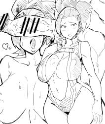 1boy 1girls begging blindfolded blush breasts cleavage_window high_ponytail huge_breasts imminent_fellatio imminent_oral leotard momo_yaoyorozu monochrome my_hero_academia nipples nude open_mouth penis penis_over_eyes ponytail sketch thick_thighs thighs tongue tongue_out wide_hips yuujiro