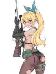 1girls ass ass_focus back bare_back bare_shoulders blonde_hair butt butt_focus dat_ass drumoriz exposed_shoulders gun holding_weapon medium_breasts metal_gear_solid_v nijisanji nijisanji_en pointy_ears pomu_rainpuff ponytail quiet_(metal_gear)_(cosplay) red_eyes ripped_clothing ripped_pantyhose sideboob sniper_rifle solo solo_female solo_focus tied_hair virtual_youtuber white_background yellow_hair