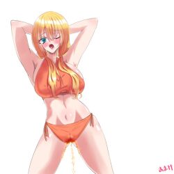 belly_button bikini blonde_hair no_background original original_character peeing peeing_self standing standing_in_water swimsuit swimwear urination urine urine_stream wetting wetting_clothing yukino_mizunami