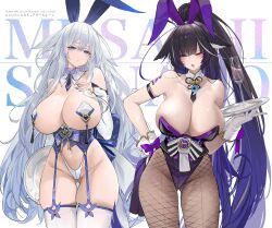 2girls azur_lane blue_eyes blush body_markings breasts bunny_ears bunny_girl bunnysuit dishwasher1910 facial_markings female fox_ears fox_girl hand_on_hip highleg_leotard huge_breasts kemonomimi kitsune large_breasts leotard light-skinned_female light_skin long_hair musashi_(azur_lane) pasties purple_hair sakura_empire_(azur_lane) shinano_(azur_lane) skindentation thick_thighs thighhighs thighs two_tone_hair voluptuous white_hair yellow_eyes