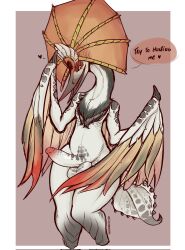 2022 aknosom anthro avian balls bird_wyvern capcom cataxdrk2020 english_text erection genitals glans heart hi_res long_neck looking_at_viewer male monster_hunter monster_hunter_rise neck_tuft nude penis pink_glans portrait pose simple_background solo text three-quarter_portrait tuft watermark wings