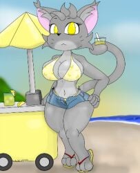 1girls 3_toes anthro artist_request beach breasts cat_ears cat_tail catgirl clothed fat_ass feet female female_only food fur furry grey_ears grey_fur grey_skin grey_tail hourglass_figure large_breasts lemon lemonade lemonade_cat looking_at_viewer roblox roblox_game solo solo_female solo_focus tagme tail tower_heroes umbrella wide_hips yellow_eyes