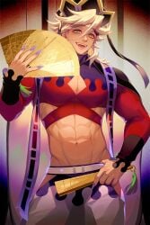 abs adapted_costume blonde_hair cleavage cleavage_cutout crop_top demon_boy demon_slayer douma fan fangs folding_fan hakama hand_fan hat headwear hip_vent joraffasalmon kimetsu_no_yaiba looking_at_viewer male male_only multicolored_eyes muscular muscular_male open_mouth rainbow_eyes sharp_fingernails smile solo spiky_hair thick_eyebrows