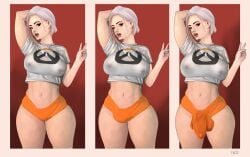 1futa 1girls 2d ashe_(overwatch) balls big_breasts big_penis blizzard_entertainment breast_expansion breasts clothed clothing female female_to_futa flaccid fucts futanari futanari_transformation gender_transformation human light-skinned_futanari light_skin midriff mostly_clothed multiple_versions_in_one_image nipples_visible_through_clothing overwatch penis penis_expansion penis_growth red_eyes solo standing thick_thighs transformation white_hair wide_hips