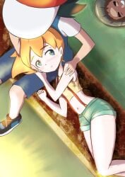 1boy 1girls brock_(pokemon) clothing female female_focus human human_only kasumi_(pokemon) laying_down laying_on_thighs male microsd_(artist) nintendo orange_hair pokemon pokemon_(anime) satoshi_(pokemon) short_hair thick_thighs