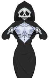 belly belly_button big_boobs big_breasts big_tits black_clothing blue_nipples blue_skin boobs breasts death_(personification) exposed_breasts exposing exposing_chest eyelashes female female_focus female_only gravity_breaker hollow hollow_eyes hood hood_up hooded_cloak inviting_to_sex looking_at_viewer midriff opening_shirt ribs rope shiny shiny_skin skeletal skeletal_hand skeleton skeleton_girl skin skull tits