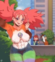 2girls armpits body_paint bodypaint iroaya_madoi lan_hikari large_breasts looking_at_viewer male mayl_sakurai mega_man mega_man_battle_network middle_finger ms._madd painted painted_clothes painted_nails pubic_hair public public_nudity randomboobguy red_hair twintails