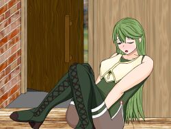 1girls boots door female female_only fingering fingering_self fire_emblem fire_emblem:_mystery_of_the_emblem green_eyes green_hair indoors kenchu long_hair masturbation nintendo one_eye_closed open_mouth palla_(fire_emblem) pantyhose sitting solo