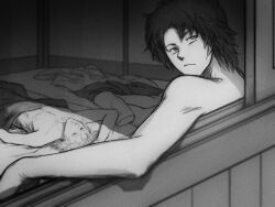 2boys after_sex discarded_clothing futon gintama gintoki_sakata hangleing indoors looking_back male male_only monochrome nude on_back on_bed sakamoto_tatsuma window yaoi