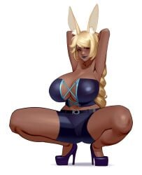 1girls armpits arms_behind_head blonde_hair blue_lipstick cassandra_(mrsithums) cleavage clothed dark-skinned_female dark_skin female high_heels huge_breasts kairuhentai kairunoburogu lace-up_top lipstick long_legs looking_at_viewer original platform_heels rabbit_ears rabbit_girl rabbit_tail red_eyes second-party_source shorts single_braid solo squatting strapless thick_thighs