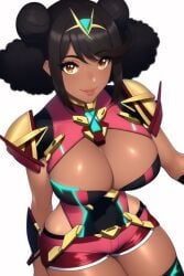 ai_generated alternate_skin_color armor black_hair black_skin blackened_pyra blackwashed cleavage core_crystal curly_hair dark-skinned_female dark_skin double_bun dreadlocks hair_bun hand_on_hip hip_vent hotpants large_breasts nai_diffusion pyra race_swap robofun short_shorts shorts shoulder_armor skindentation stable_diffusion thick_thighs thighhighs xenoblade_(series) xenoblade_chronicles_2