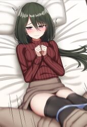 1boy bed_sheet black_thighhighs blush breasts brown_skirt closed_mouth clothed_female_nude_male clothed_sex female green_hair hair_between_eyes highres legs_up long_hair long_sleeves looking_at_viewer lying nude on_back original panties panty_pull pillow red_eyes red_sweater ribbed_sweater sayano_(yakob_labo) skirt small_breasts solo_focus straight sweater tearing_up thighhighs underwear wavy_mouth yakob_labo