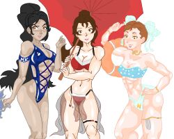 3girls big_ass big_breasts big_butt bikini black_hair blue_bikini blue_nails brown_eyes brown_hair chun-li crossover female female_only happy_face karate king_of_fighters kitana life_jacket mai_shiranui mortal_kombat pink_nails red_bikini street_fighter swimsuit swimsuits tights umbrella voluptuous yellow_eyes yellow_nails