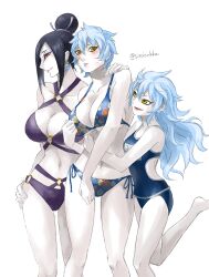 3girls absurdres bikini blue_hair blue_one-piece_swimsuit blush boruto:_naruto_next_generations breasts cleavage collarbone earrings first_porn_of_character genderswap_(mtf) highres jewelry kuroisekka large_breasts light_blue_hair log_(naruto) long_hair looking_at_viewer mitsuki_(naruto) multiple_girls naruto naruto_(series) navel one-piece_swimsuit open_mouth orochimama orochimaru rule_63 scar scar_on_face short_hair shy simple_background small_breasts smile standing string_bikini sweatdrop swimsuit teeth twitter_username underboob white_background yellow_eyes