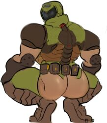 1boy armor ass ass_focus big_ass big_butt big_muscles broly_culo butt butt_focus crouching doom doom_slayer_(doom) helmet highres human looking_back male male_only meme muscular muscular_human muscular_male parody simple_background solo spread_legs spreading unknown_artist white_background