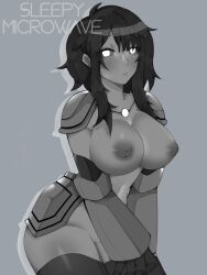 1girls artist_name cute gaian grey_skin kuudere large_breasts necklace partially_clothed roblox roblox_game robot robot_girl rogue_lineage sleepy_microwave source_request tagme