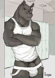 2018 anthro arm_tattoo biceps clothing crossed_arms deltoids fonyaa frown genitals horn inside jockstrap locker locker_room looking_at_viewer male male_only mammal manly muscular partially_exposed_penis pecs penis pubes rhinoceros ryan_carthage scowl shirt solo standing tank_top tattoo topwear triceps underwear white_clothing white_jockstrap white_shirt white_tank_top white_topwear white_underwear