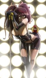 1girls arched_back armwear asymmetrical_clothes bending_over bent_over brown_hair cleavage female female_only goth hands_tied haysey_draws kujikawa_rise large_breasts leather microphone persona persona_4 ripped_clothing sweat thigh_gap twintails