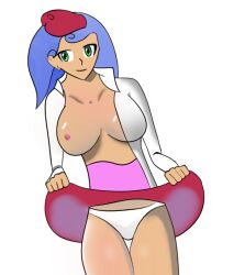 beret blue_hair cute katie_sweeper one_breast_out one_tit_out panties pink_dress updress upskirt voluptuous white_clothes