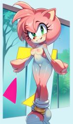 ai_generated almost_naked amy_rose bad_anatomy bad_hands female female_only fluffy hedgehog hedgehog_humanoid indoors light_green_eyes medium_breasts pink_fur shoes smile smiling_at_viewer sonic_(series) sonic_the_hedgehog_(series) stable_diffusion wet wet_body wet_skin