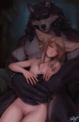 1boy 1boy1girl 1girls animal_ears anthro anthro_on_female anthro_on_humanoid bangs blonde_hair blurry blurry_background blush body_fur bracelet closed_eyes consensual earrings einarr_(personalami) female female_humanoid flat_chest fox_ears furry furry_male furry_with_non-furry happy_sex highres hug humanoid interspecies jewelry khiara_(personalami) larger_male long_hair male_anthro male_anthro/female_humanoid necklace nipples nonhuman_male_on_human_female nude nude_female original parted_lips personalami pussy romantic romantic_couple size_difference sleeping smaller_female uncensored werewolf wholesome wholesome_sex