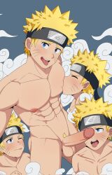 4boys blonde_eyebrows blonde_hair blue_eyes blush clone garohart gay male male_only naked naruto naruto_(series) naruto_shippuden penis penis_out pubic_hair selfcest shadow_clone six_pack sucking_nipples uzumaki_naruto whiskers yaoi