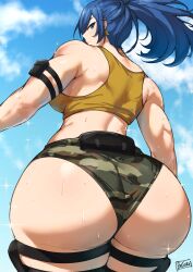 1girls artist_signature ass back backboob batako blue_hair booty_shorts breasts camo_print dat_ass female huge_ass huge_breasts ikari_warriors king_of_fighters leona_heidern light-skinned_female light_skin long_hair low-angle_view muscular_arms short_shorts shorts sleeveless snk solo tank_top thick_ass thick_thighs wedgie