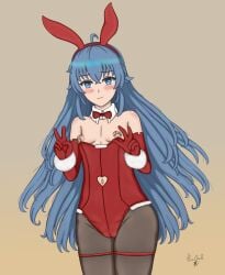 1girls ahoge blue_eyes blue_hair bunny_ears bunny_girl cameltoe double_v female_only long_hair mushoku_tensei nipple_piercing pierced_nipples puffy_nipples roxy_migurdia small_breasts solo solo_female thechad year_of_the_rabbit