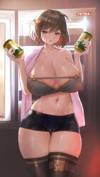 anis_(nikke) bare_shoulders black_skirt breasts brown_eyes brown_hair cameltoe can cleavage cowboy_shot female goddess_of_victory:_nikke hair_ornament highres holding holding_can huge_breasts lukapiaxxx midriff navel no_bra pink_towel refrigerator shadow short_hair shorts skindentation solo spats stomach thighhighs