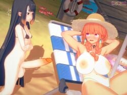 1futa 1girls 3d 3d_(artwork) arms_crossed black_hair blush bottomless breasts breasts_out female futanari hands_behind_head hololive hololive_english koikatsu mitygon nervous ninomae_ina'nis orange_hair smiling tagme takanashi_kiara text throbbing throbbing_penis topless virtual_youtuber