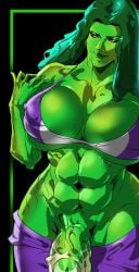 1futa 2023 2d abs big_breasts breasts clothed clothing erection foreskin futa_only futanari green_hair green_skin hi_res high_resolution huge_cock hulk_(series) humanoid humanoid_penis large_penis long_hair marvel mostly_clothed muscles muscular muscular_futanari penis she-hulk solo sports_bra sportswear standing taker_pov tenchizone veiny_penis