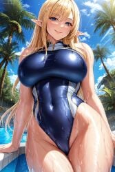 1girls ai_generated ai_love_higokko blonde_hair blue_eyes breasts competition_swimsuit elf elf_ears elf_female female highleg_swimsuit holaraai huge_breasts light-skinned_female light_skin long_ears long_hair one-piece_swimsuit original original_character outdoors pointy_ears pool stable_diffusion swimsuit thick_thighs very_high_resolution wide_hips