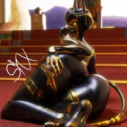 3d absurd_res anthro anubian_jackal anubis anubis_(bom39) ass black_body black_hair black_skin bom39 canid canine canis claws deity digital_media_(artwork) egyptian_mythology female genitals glistening glistening_body glistening_skin glowing glowing_eyes gold_(metal) gold_jewelry hair hi_res inside jackal jewelry looking_at_viewer lying mammal middle_eastern_mythology mythology nude on_side pussy skxx_elliot solo stairs