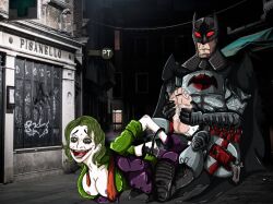 1boy 1boy1girl 1girls batman batman_(series) batman_(thomas_wayne) breasts breasts_out clown clown_girl clown_makeup couple dc dc_comics feet female flashpoint green_hair hero_on_villain joker male male/female martha_wayne pale-skinned_female pale_skin smile superhero thomas_wayne tickle_fetish tickle_torture tickling villainess