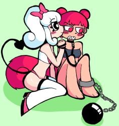 2girls angry blush bra chained chained_ankles demon_tail dharam_(underfity) digital_media_(artwork) dominant_female dubious_consent female_only kissing leash_and_collar light_skin m1nty panties partially_clothed pink_hair safe sfw sharp_teeth shu_(underfity) sitting smile squirrel_tail suggestive tail thighhigh_boots underfity white_hair yuri