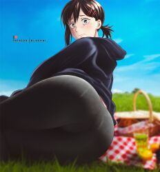 1girls ass ass_focus ass_shot big_ass big_butt black_hair bloskai chainsaw_man hi_res higashiyama_kobeni highres leggings looking_at_viewer outdoors outside pose posing short_hair yoga_pants