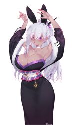 ? animal_ears armpits arms_up braid breasts choker cleavage dark-skinned_female dark_skin eonsang fake_animal_ears female fur-trimmed_sleeves fur_trim girls'_frontline girls'_frontline_2:_exilium high_ponytail highres japanese_clothes kimono large_breasts long_hair low_neckline nemesis_(girls'_frontline_2) obi open_mouth purple_eyes rabbit_ears sash single_braid white_background white_hair