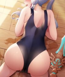 1girls all_fours ass blue_eyes blue_hair genshin_impact kamisato_ayaka one_piece_swimsuit qunqing