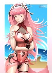 alternate_costume breasts female female_only ferdnayart finger_to_mouth fire_emblem fire_emblem:_three_houses hilda_valentine_goneril light-skinned_female light_skin nintendo one-piece_swimsuit pink_hair red_one-piece_swimsuit red_swimsuit solo solo_female swimsuit