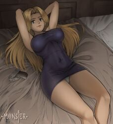 1girls anna_liebert bed blonde_hair blue_eyes clothed dress erodrunky female gun hands_behind_head large_breasts long_hair looking_at_viewer monster_(manga) nina_fortner nipples_visible_through_clothing on_back panties smile solo tight_clothing tight_dress