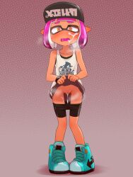 blue_eyes creampie crying cum cum_in_mouth cum_in_pussy cum_on_face embarrassed exposed_pussy female_only hat inkling inkling_girl k no_panties orange_eyes organ_rn pink_hair pussy shoes short_hair shorts skinny small_breasts splatoon tan_body tank_top thin_waist