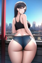 ai_generated ass ass_focus backside black_hair black_tank_top breasts curvy curvy_figure female gigantic_ass grey_eyes huge_ass huge_breasts huge_hips looking_at_viewer nai_diffusion original_character seductive_smile shiny_hair shiny_skin short_shorts stable_diffusion thick_thighs voluptuous wide_hips