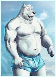 2023 anthro bear biceps blue_bottomwear blue_clothing blue_shorts body_hair bottomwear breath bulge chest_hair clothed clothing genital_outline gigasaddle male mammal manly muscular muscular_arms navel nipples outside pecs penis_outline polar_bear shorts shorts_only snow solo standing topless translucent translucent_clothing triceps ursine