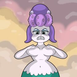 angry ba_after_dark cala_maria covering_breasts cuphead_(game) embarrassed_nude_female enf looking_at_viewer mermaid pink_skin tentacle_hair topless