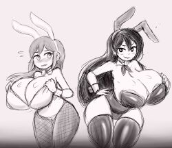 2girls aubrey_(omori) blush bowtie bowtie_collar bunny_ears bunnysuit fake_animal_ears fake_rabbit_ears fishnet_legwear fishnets greyscale huge_breasts mari_(omori) metachoke mob_face monochrome omori playboy_bunny rabbit_ears strapless_leotard thick thick_thighs thighs year_of_the_rabbit