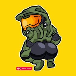 1boy 2021 armor ass ass_focus big_ass big_butt broly_culo butt butt_focus crouching halo_(series) helmet highres human lolo_aburto looking_back male male_only master_chief meme parody simple_background solo spread_legs spreading yellow_background