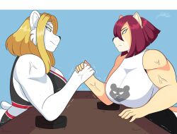 2girls arm_wrestling artjwink biceps big_breasts blonde_hair blue_background blue_eyes breasts female furry jwinkz kaylee_(jwinkz) lion_ears lion_girl lioness long_hair muscular muscular_female orange_eyes red_hair short_hair table tagme vines