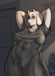 2023 anthro armpits biped blush boss_monster bovid breasts caprine chelodoy clothing digital_media_(artwork) female floppy_ears fur hi_res looking_at_viewer mammal nipples pubes pubic_hair_visible_through_clothing red_eyes see-through see-through_clothing smile solo toriel translucent translucent_clothing undertale undertale_(series) white_body white_fur